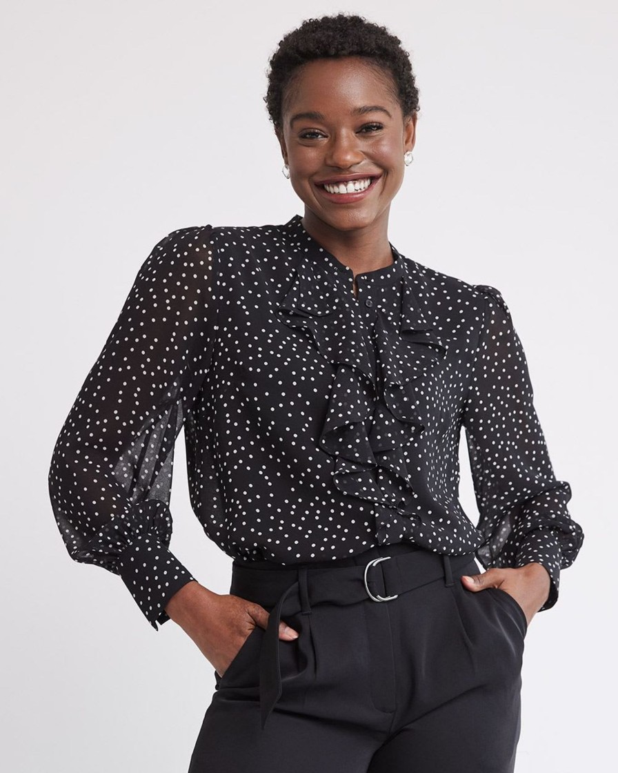 Women r.w. & co. Tops | Long-Sleeve Buttoned-Down Jabot Blouse Black Ground Polka Dot Multi