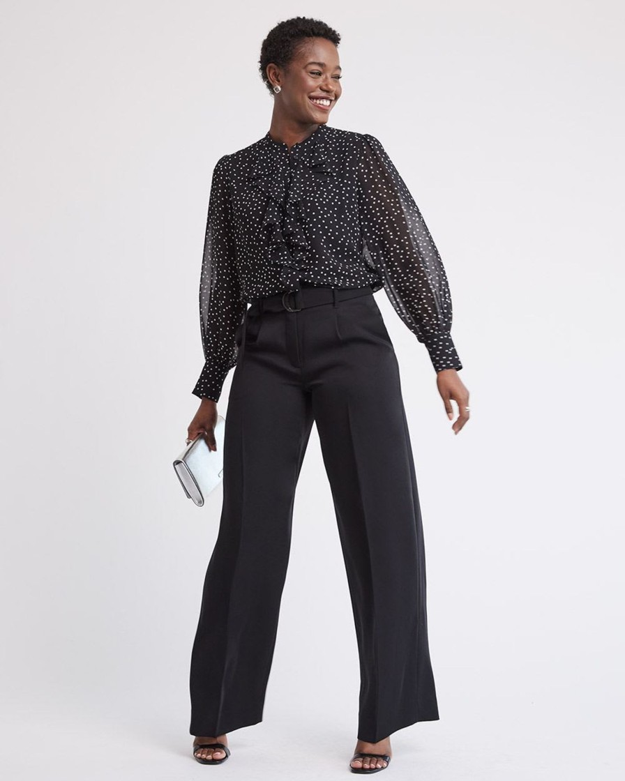 Women r.w. & co. Tops | Long-Sleeve Buttoned-Down Jabot Blouse Black Ground Polka Dot Multi