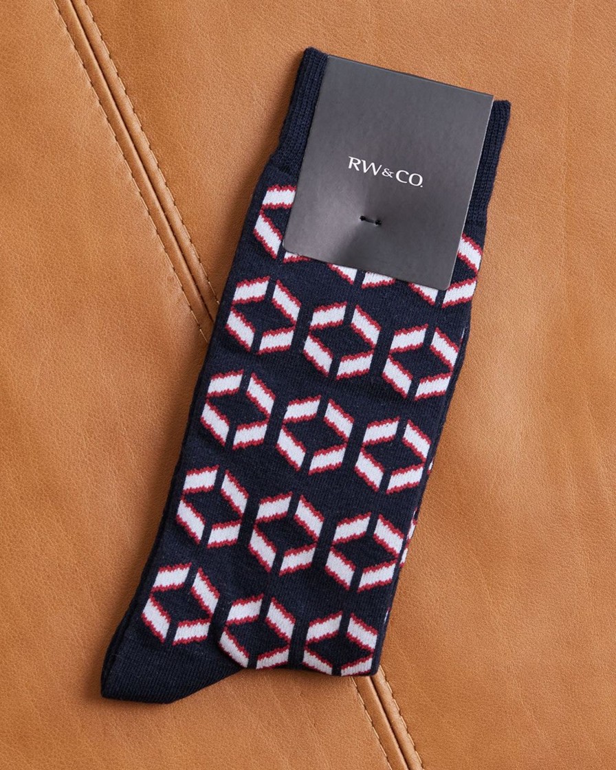 Men r.w. & co. Socks | Blue Socks With Red And White Geometric Pattern Total Eclipse