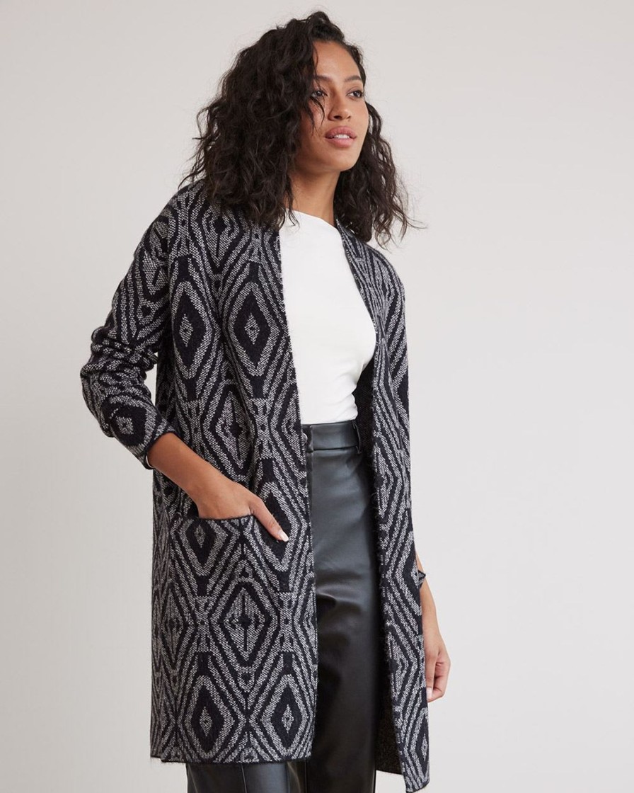 Women r.w. & co. Sweaters & Cardigans | Long-Sleeve Mock-Neck Buttoned-Down Cardigan Black Multi