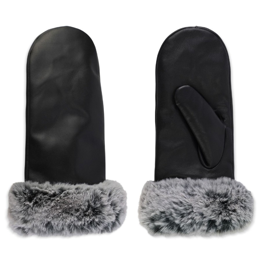 Women club rochelier Hats, Gloves, & Scarves | Cr Ladies - Leather Mitten With Faux Fur Cuff Black