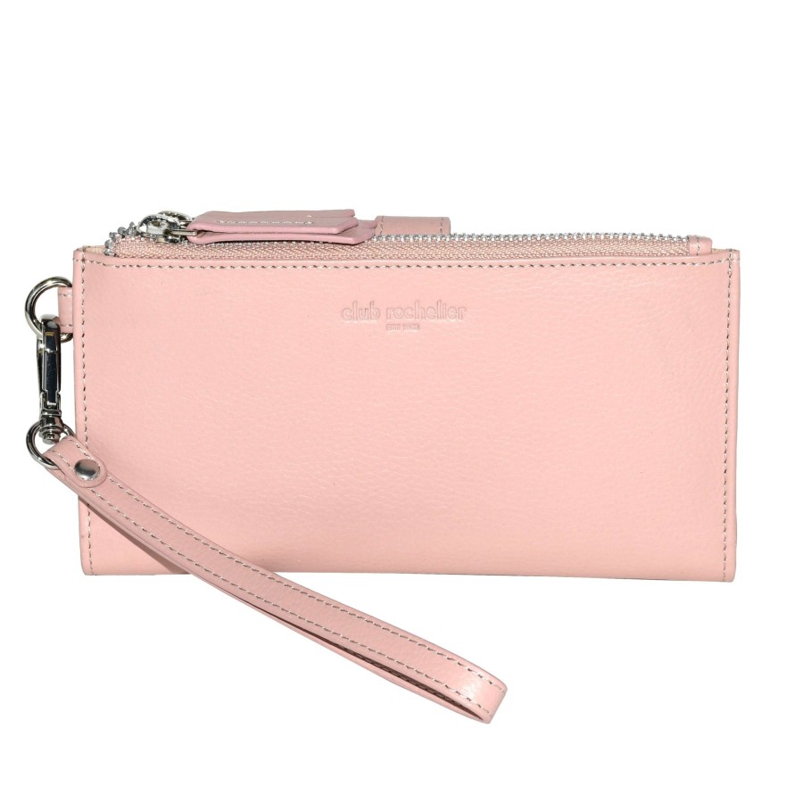 Women club rochelier Bags | Club Rochelier Ladies' Leather Double Zip Clutch Wallet Light Pink