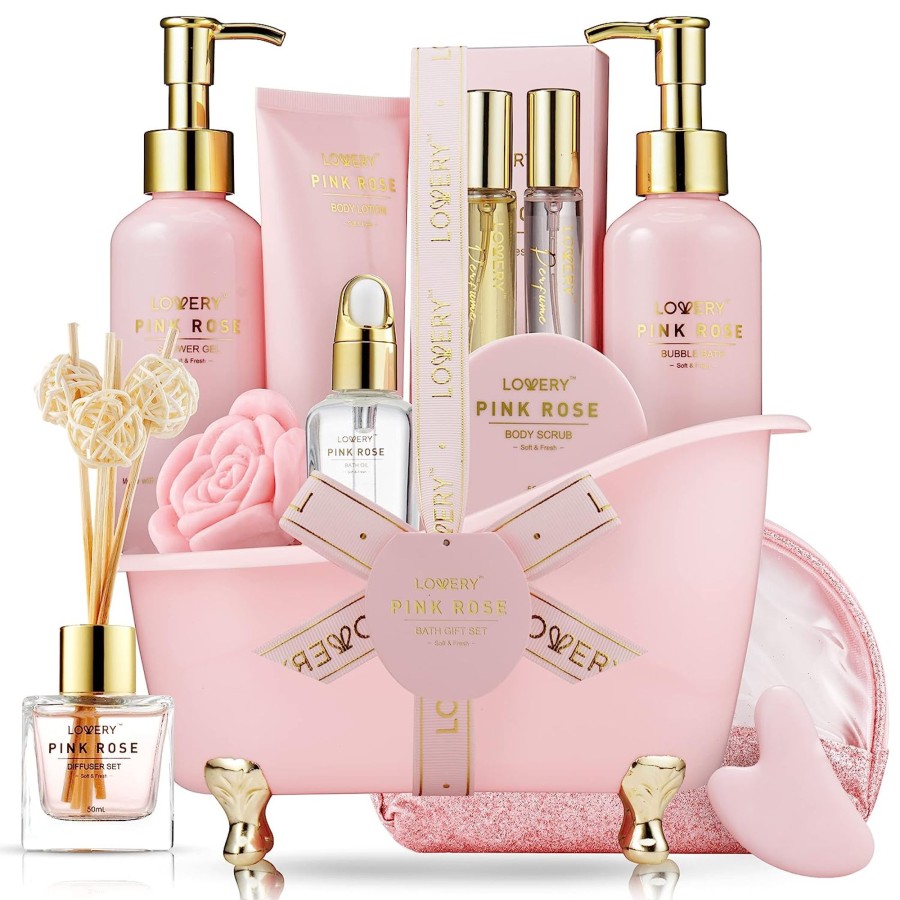 Women lovery | Lovery Luxury Spa Kit, 18Pc Pink Rose Relaxing Basket With Perfumes, Gua Sha And More Light Pink