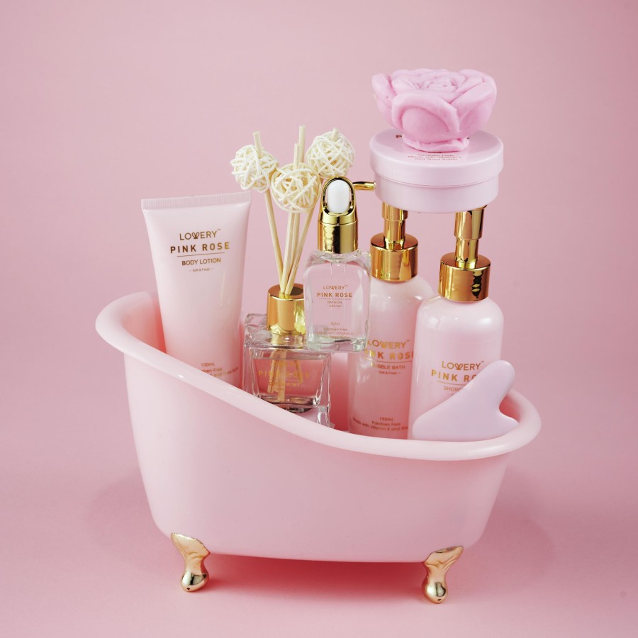 Women lovery | Lovery Luxury Spa Kit, 18Pc Pink Rose Relaxing Basket With Perfumes, Gua Sha And More Light Pink