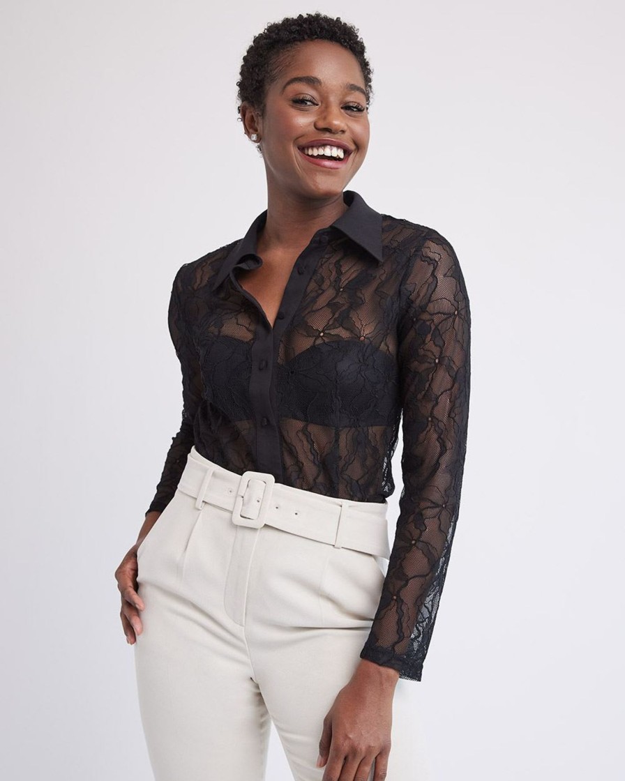 Women r.w. & co. Blouses & Shirts | Long-Sleeve Buttoned-Down Lace Blouse Black