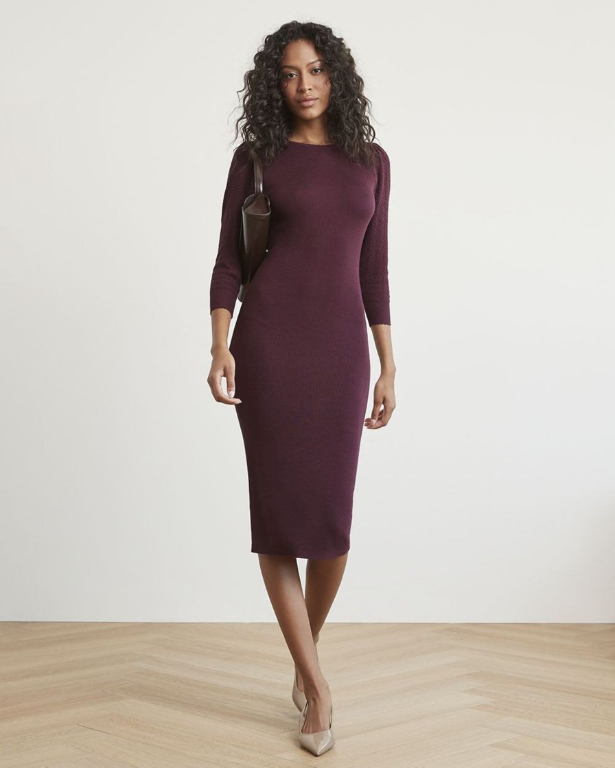 Women r.w. & co. Dresses & Jumpsuits | Fitted Elbow-Sleeve Midi Dress With Back Cut Out Winetasting