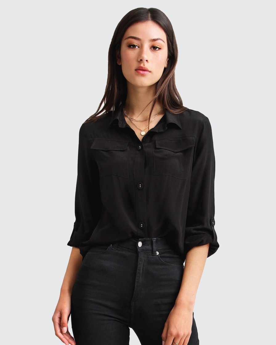 Women belle & bloom Blouses & Shirts | Belle & Bloom Eclipse Rolled Sleeve Blouse Black