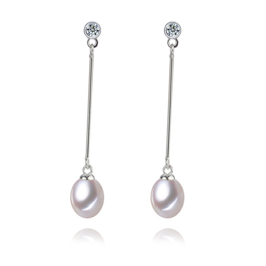 Women signature pearls Jewelry | White Freshwater Pearl & Dainty Cz Bar Drop Earrings - Signature Pearls Silver