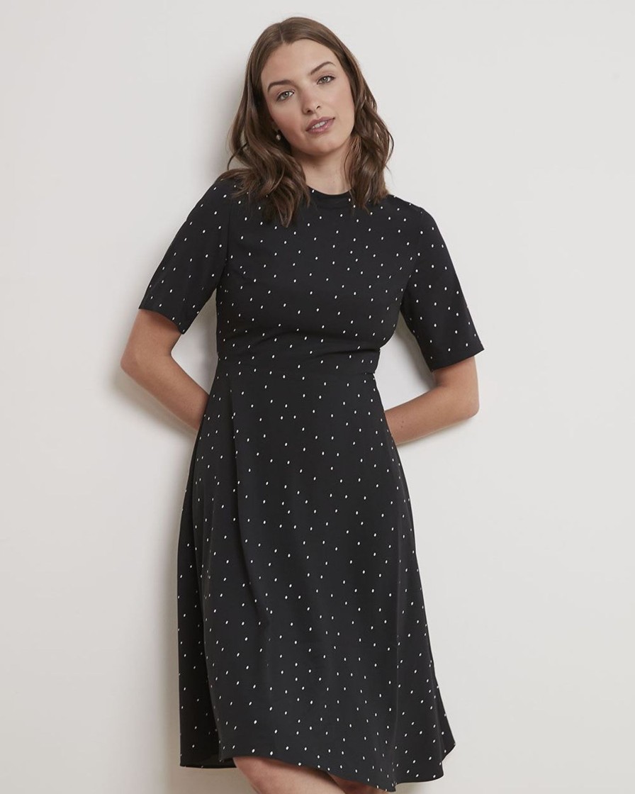 Women r.w. & co. Dresses & Jumpsuits | Short-Sleeve Mock-Neck Dress With Pleated Skirt Black And White Polka Dot Multi