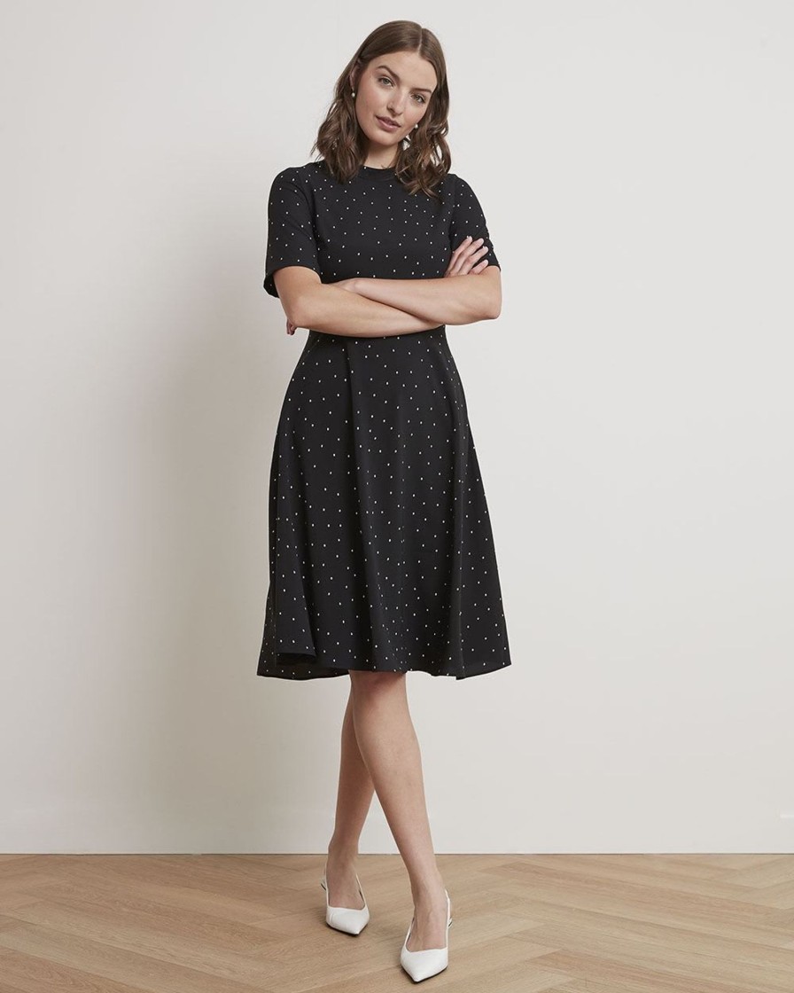 Women r.w. & co. Dresses & Jumpsuits | Short-Sleeve Mock-Neck Dress With Pleated Skirt Black And White Polka Dot Multi