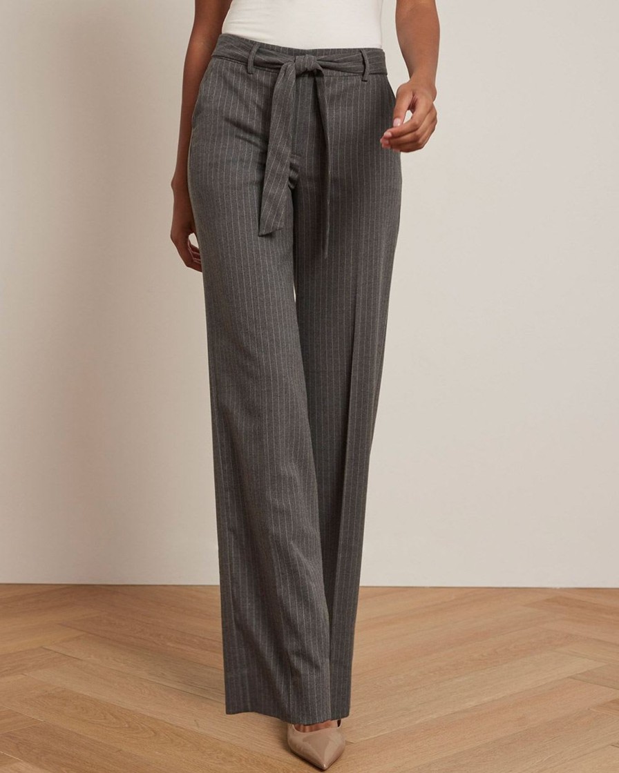 Women r.w. & co. Pants | Wide-Leg Mid-Rise Flannel Pant With Sash Grey Camel Stripe