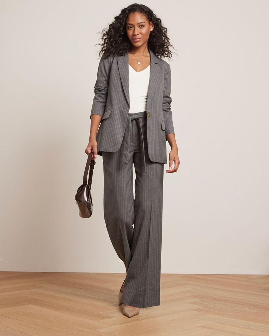 Women r.w. & co. Pants | Wide-Leg Mid-Rise Flannel Pant With Sash Grey Camel Stripe