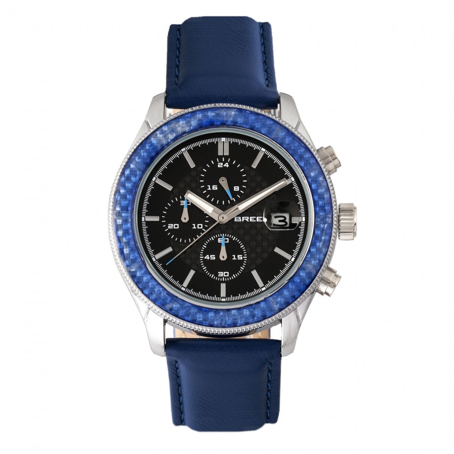 Men breed Watches | Breed - Maverick Chronograph Leather-Band Watch W/Date - Silver/Olive Medium Blue