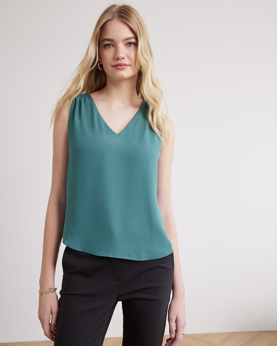 Women r.w. & co. Tops | Silky Crepe V-Neck Cami Sea Pine