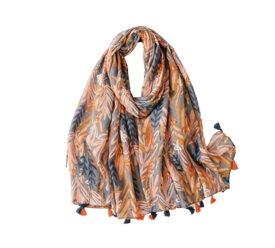 Women don't ask Hats, Gloves, & Scarves | Orange And Grey Leaves Scarf With Tassels - Don'T Ask Medium Orange