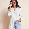 Women r.w. & co. Tops | Long-Sleeve Buttoned-Down Fluid Blouse With V Neckline Pearled Ivory