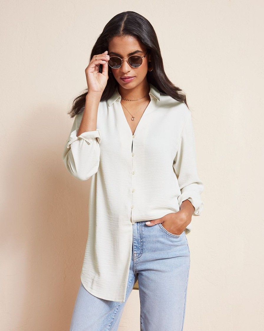 Women r.w. & co. Tops | Long-Sleeve Buttoned-Down Fluid Blouse With V Neckline Pearled Ivory