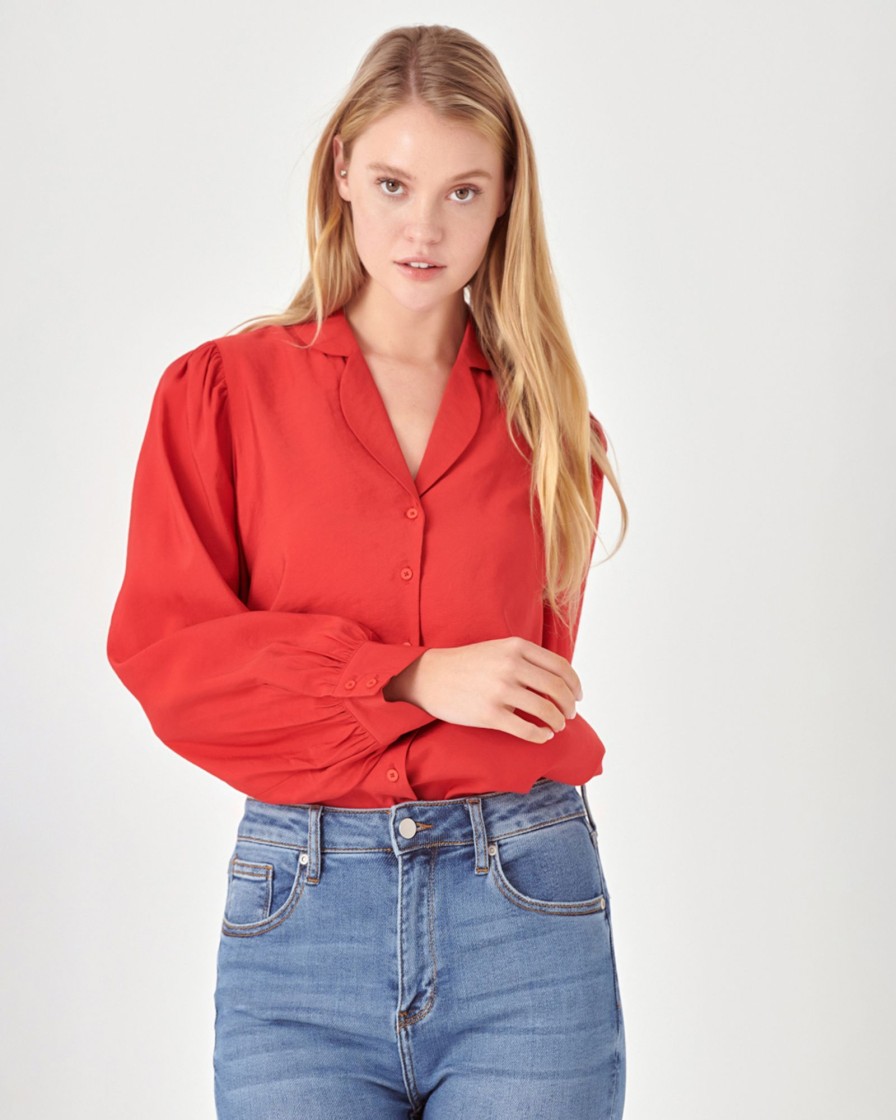 Women english factory Blouses & Shirts | English Factory- Scallop Collared Dress Shirt Medium Red