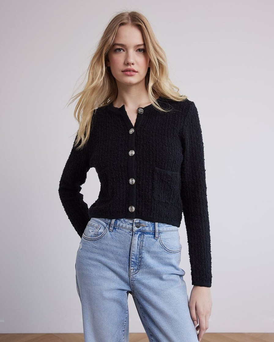 Women r.w. & co. Sweaters & Cardigans | Tweed Long-Sleeve Crew-Neck Cropped Cardigan Black