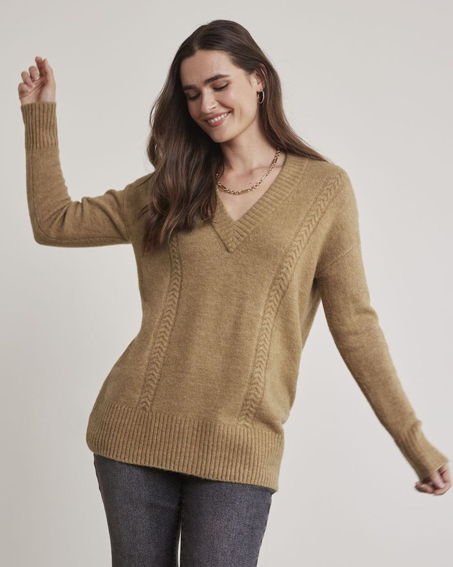 Women r.w. & co. Sweaters & Cardigans | Merino-Blend V-Neck Tunic With Cable Stitches Medium Tan Mix Sw