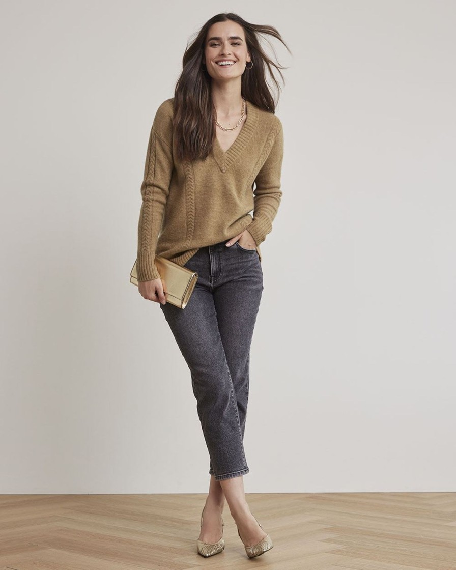 Women r.w. & co. Sweaters & Cardigans | Merino-Blend V-Neck Tunic With Cable Stitches Medium Tan Mix Sw