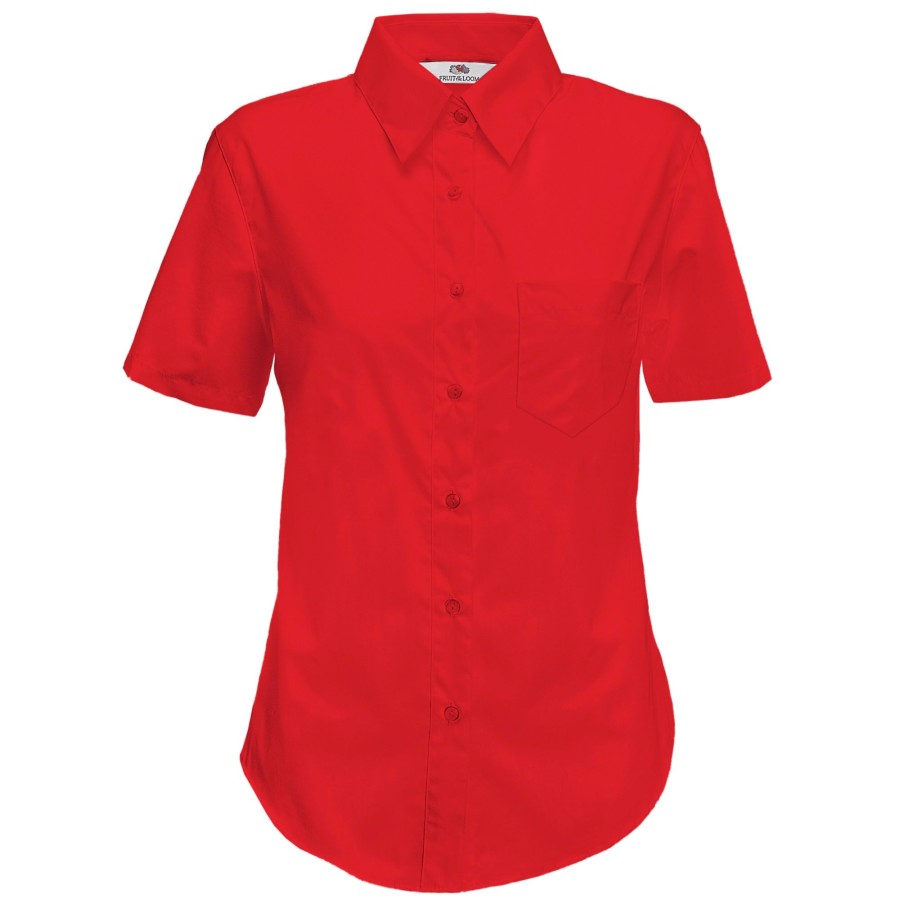 Women fruit of the loom Blouses & Shirts | Fruit Of The Loom - Ladies Lady-Fit Short Sleeve Poplin Shirt Medium Red