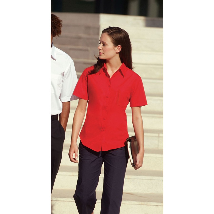 Women fruit of the loom Blouses & Shirts | Fruit Of The Loom - Ladies Lady-Fit Short Sleeve Poplin Shirt Medium Red