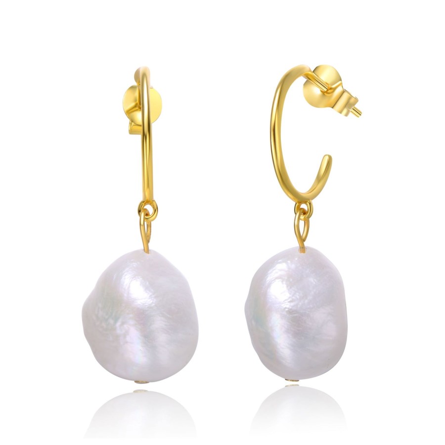 Women genevive Jewelry | Sterling Silver 14K Yellow Plated With Baroque Oval White Pearl Dangle Drop C-Hoop Earrings Gold