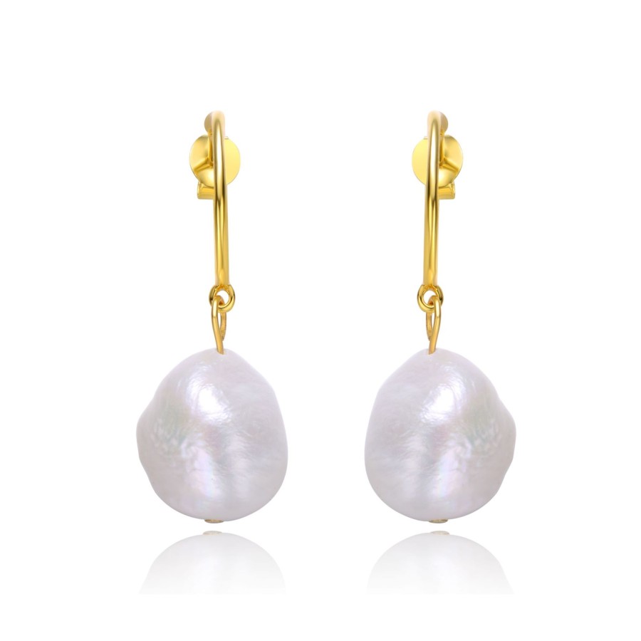 Women genevive Jewelry | Sterling Silver 14K Yellow Plated With Baroque Oval White Pearl Dangle Drop C-Hoop Earrings Gold