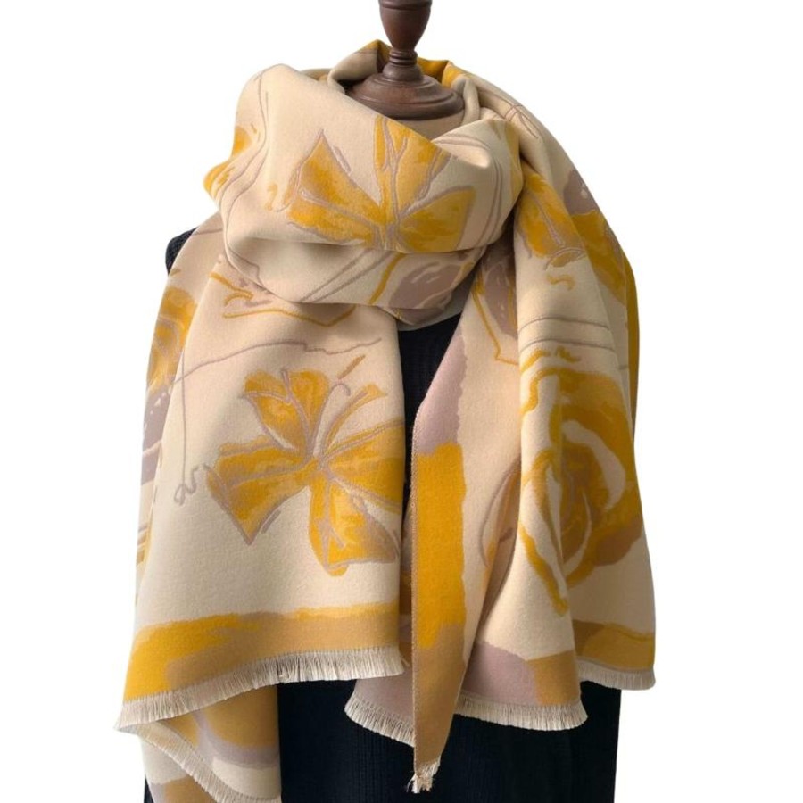 Women don't ask Hats, Gloves, & Scarves | Warm And Luxurious Winter Scarf With Tonal Roses In Mustard - Don'T Ask Dark Beige