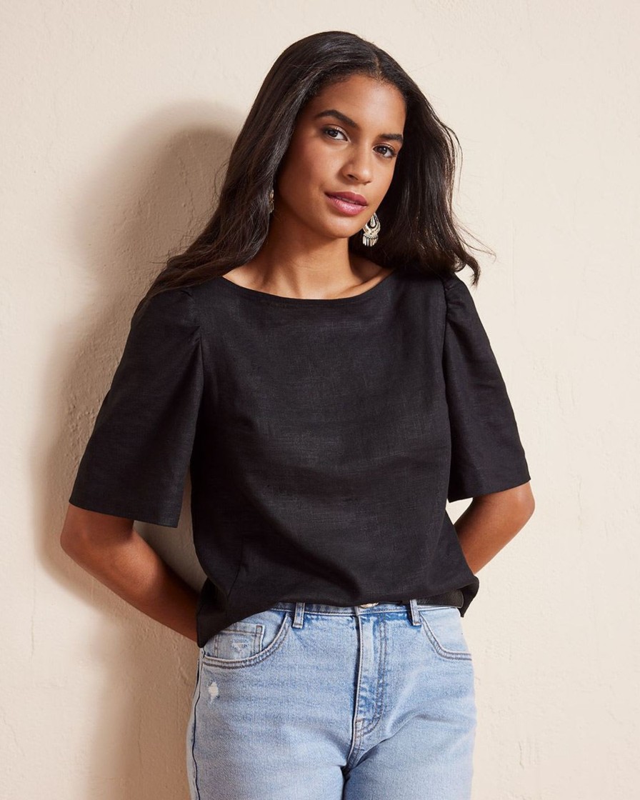 Women r.w. & co. Tops | Short-Sleeve Popover Linen Blouse Black