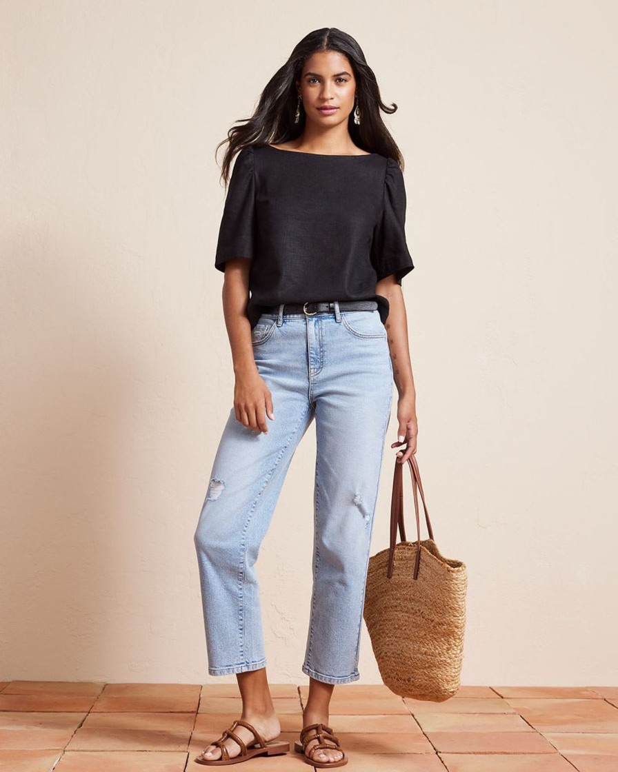 Women r.w. & co. Tops | Short-Sleeve Popover Linen Blouse Black