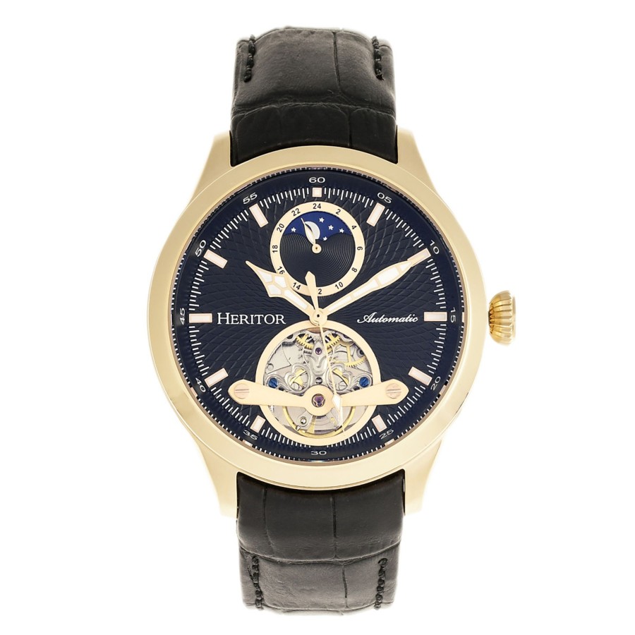 Men heritor automatic Watches | Heritor Automatic - Gregory Semi-Skeleton Leather-Band Watch /Black Gold