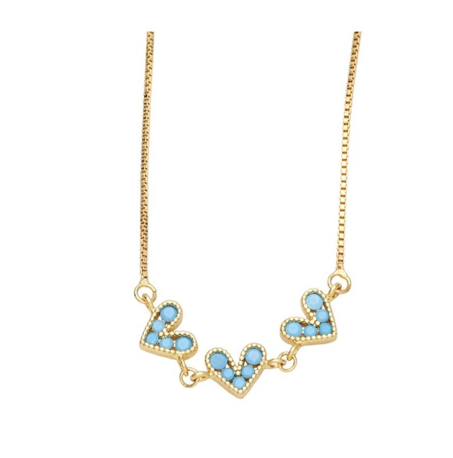 Women eva sky2 Jewelry | Tone Dainty Triple Heart Necklace With Cz In Turquoise - Eva Sky2 Gold