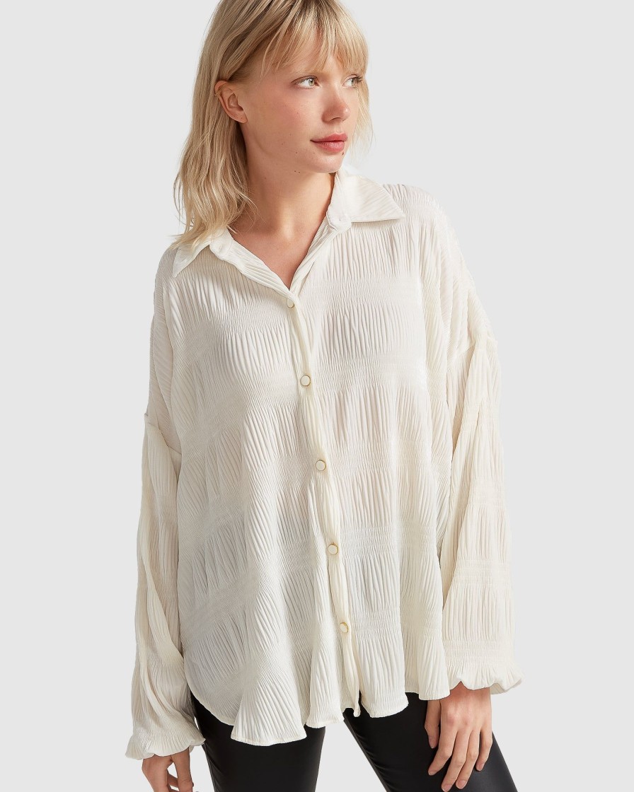 Women belle & bloom Blouses & Shirts | Belle & Bloom Serenade Velvet Plisse Shirt White