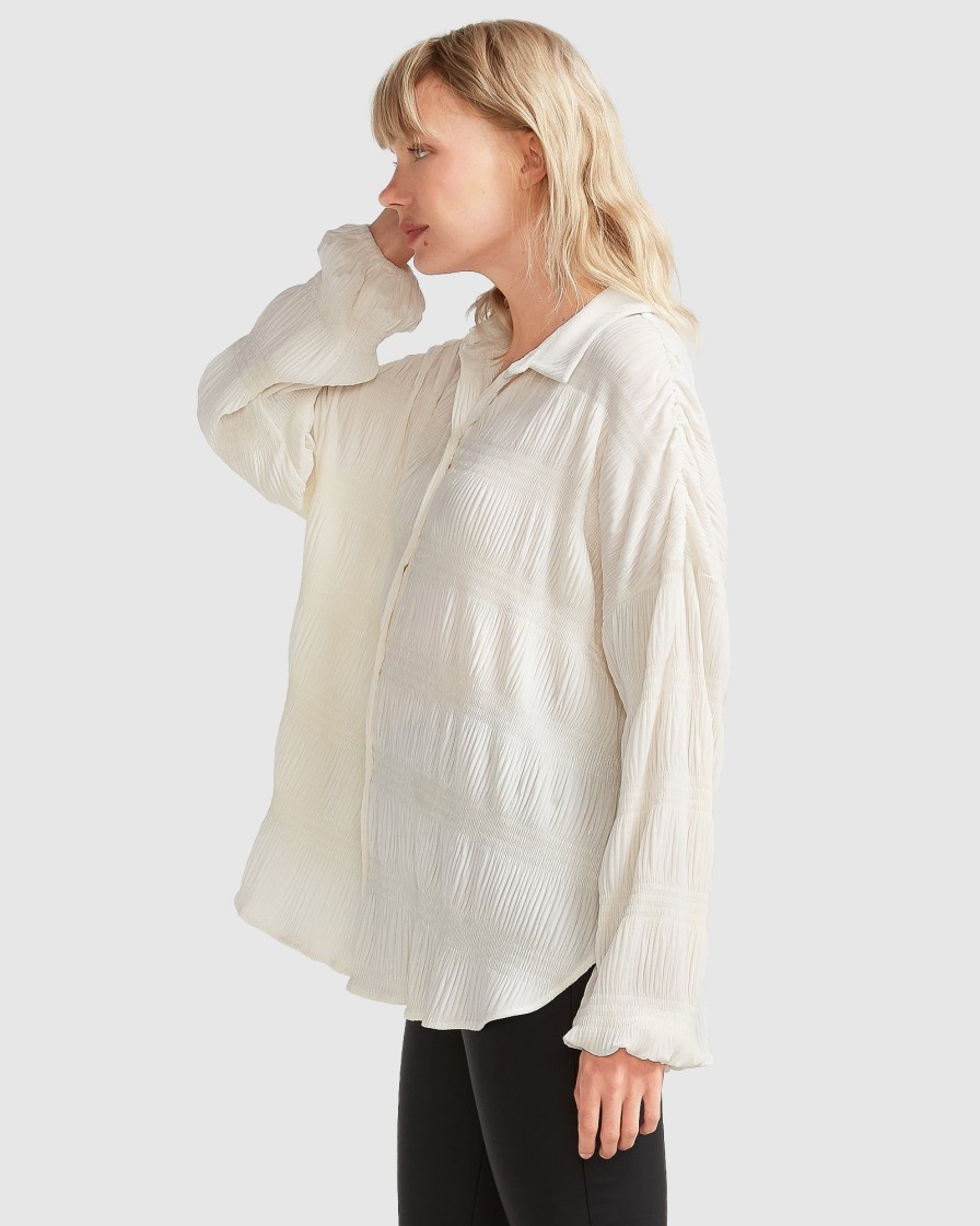 Women belle & bloom Blouses & Shirts | Belle & Bloom Serenade Velvet Plisse Shirt White