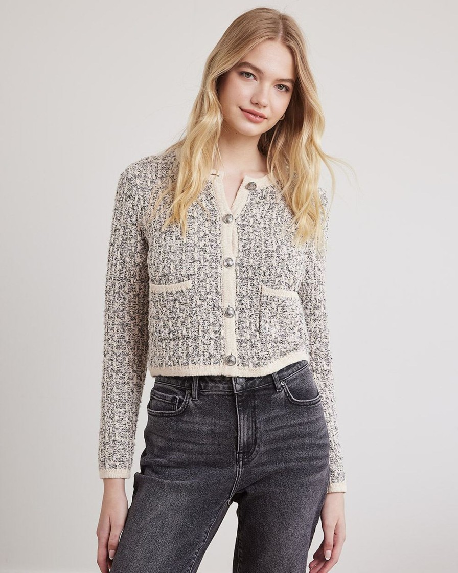 Women r.w. & co. Sweaters & Cardigans | Tweed Long-Sleeve Crew-Neck Cropped Cardigan Black Multi