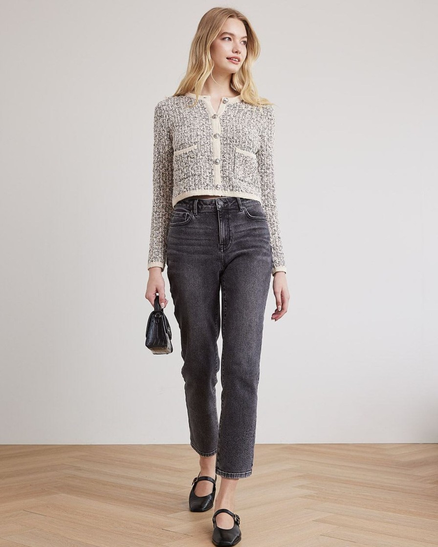 Women r.w. & co. Sweaters & Cardigans | Tweed Long-Sleeve Crew-Neck Cropped Cardigan Black Multi