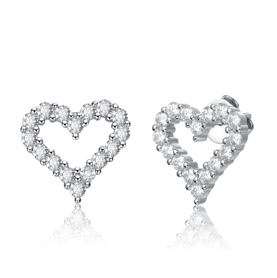 Women stella valentino Jewelry | Sv Sterling Silver With 1Ctw Lab Created Moissanite French Pave Heart Halo Stud Earrings White