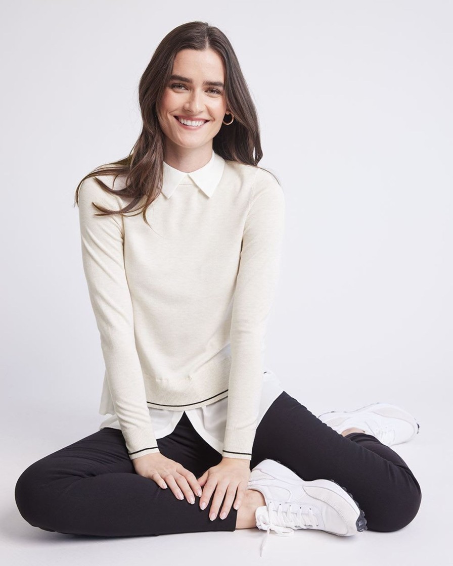 Women r.w. & co. Sweaters & Cardigans | Mix-Media Fooler Tunic With Shirt Collar Moonbeam Mix