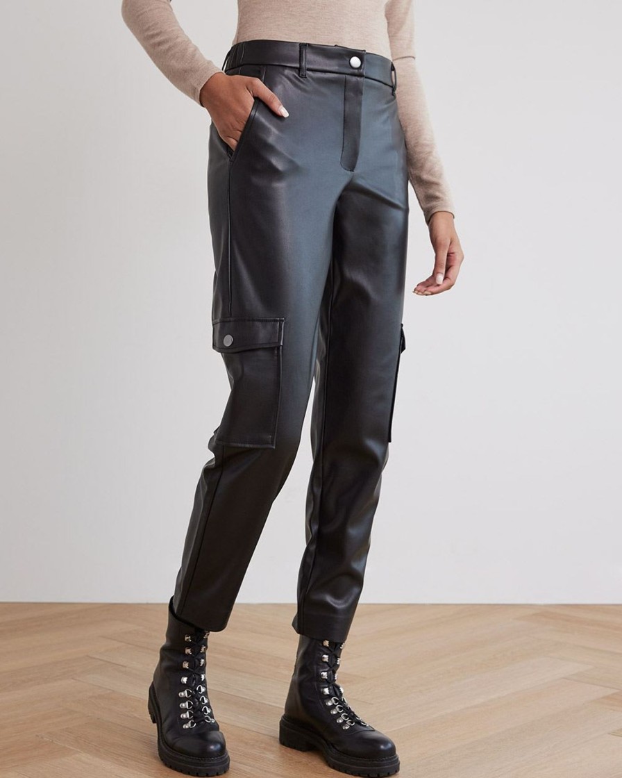 Women r.w. & co. Pants | Faux Leather High-Rise Tapered Cargo Pant Black