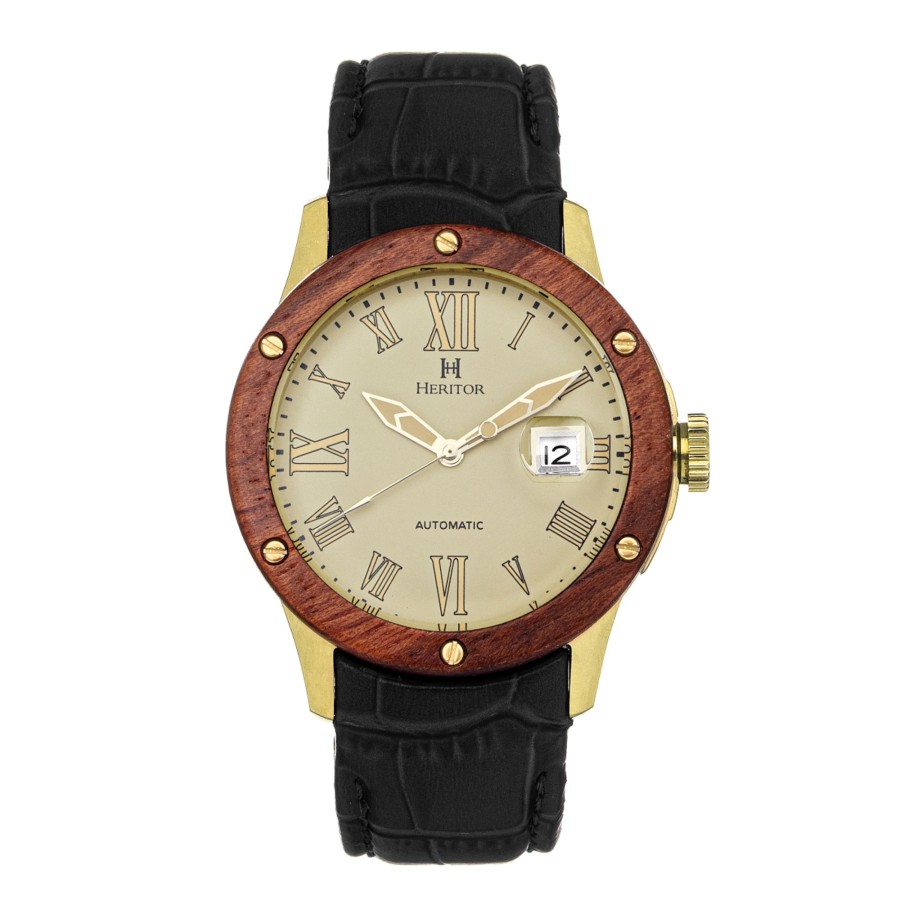 Men heritor automatic Watches | Heritor Automatic - Everest Wooden Bezel Leather Band Watch /Date - Rose Gold/Blue Multicolor