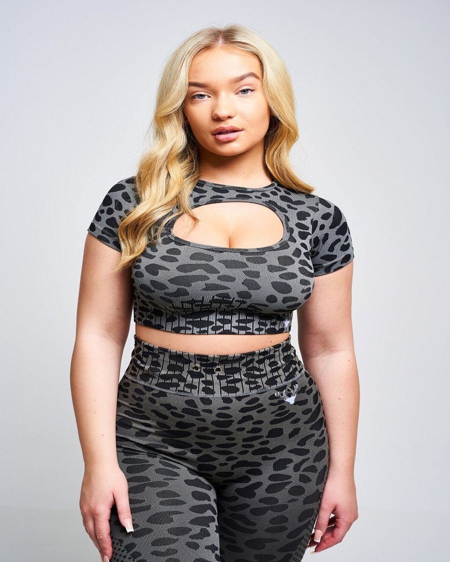 Women twill active Active Tops | Twill Active - Caneva Leopard Recycled Cut Out Crop Top - Grey Dark Grey