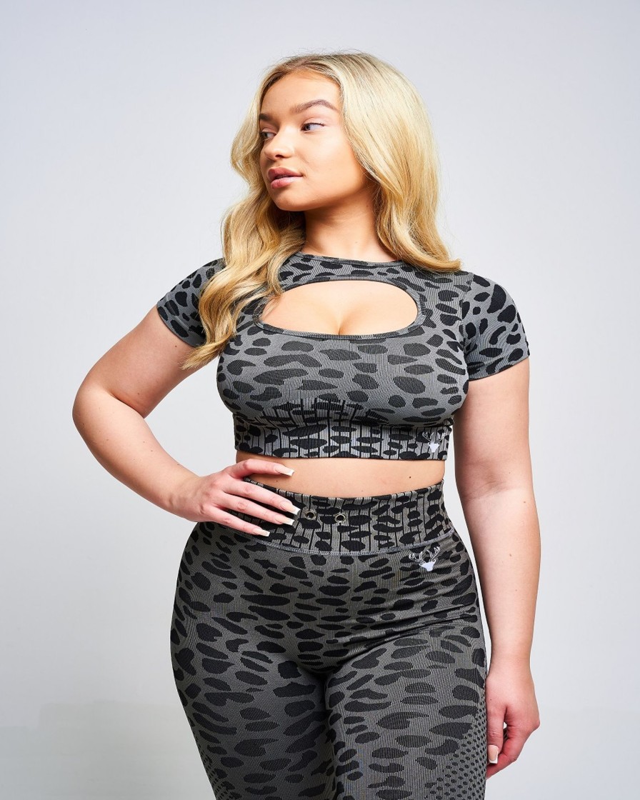 Women twill active Active Tops | Twill Active - Caneva Leopard Recycled Cut Out Crop Top - Grey Dark Grey