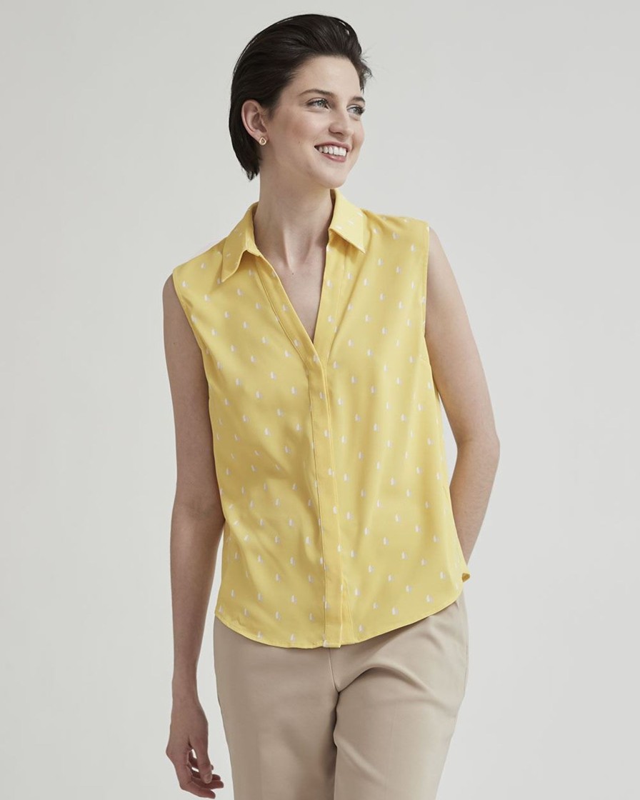 Women r.w. & co. Blouses & Shirts | Sleeveless Buttoned-Down Sateen Blouse Yellow Geo Multi