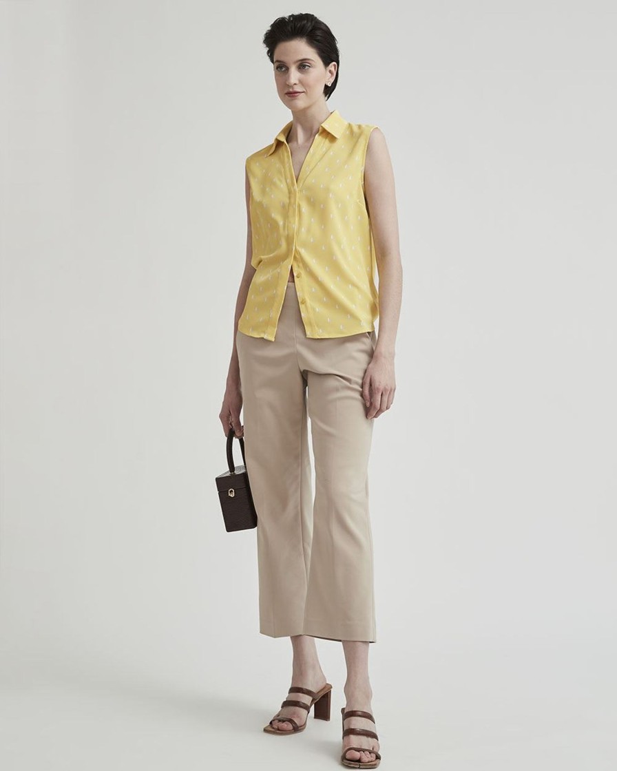 Women r.w. & co. Blouses & Shirts | Sleeveless Buttoned-Down Sateen Blouse Yellow Geo Multi