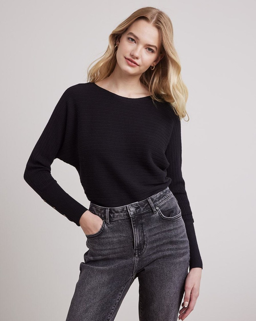 Women r.w. & co. Sweaters & Cardigans | Long-Batwing-Sleeve Classic Sweater With Boat Neckline Black