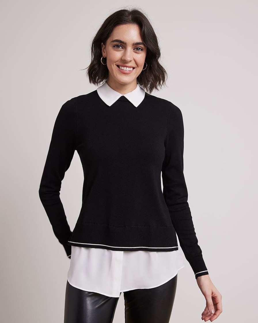 Women r.w. & co. Sweaters & Cardigans | Mix-Media Fooler Tunic With Shirt Collar Black