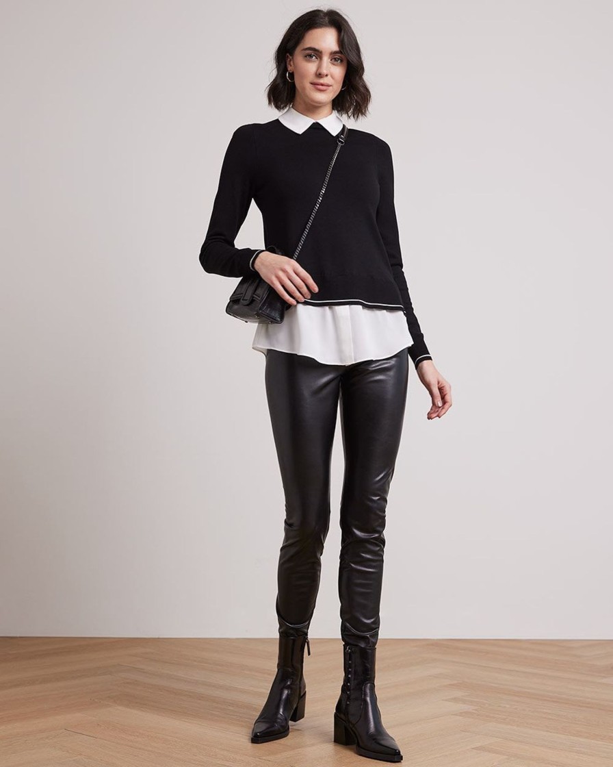 Women r.w. & co. Sweaters & Cardigans | Mix-Media Fooler Tunic With Shirt Collar Black