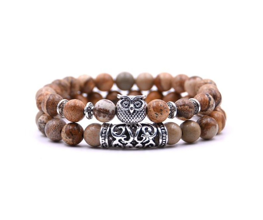 Women don't ask Jewelry | Brown Beaded & Silvertone Owl Set Of 2 Bracelets - Don'T Ask Dark Beige